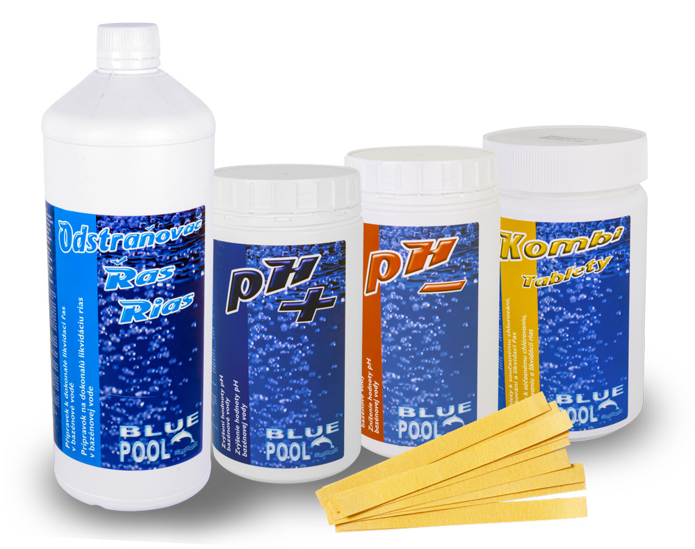 Levně BluePool 4010 Bazénová chemie sada (Chlor Kombi 1l, Algestop 1l, pH plus 1kg, pH mínus 1kg, pH tester)
